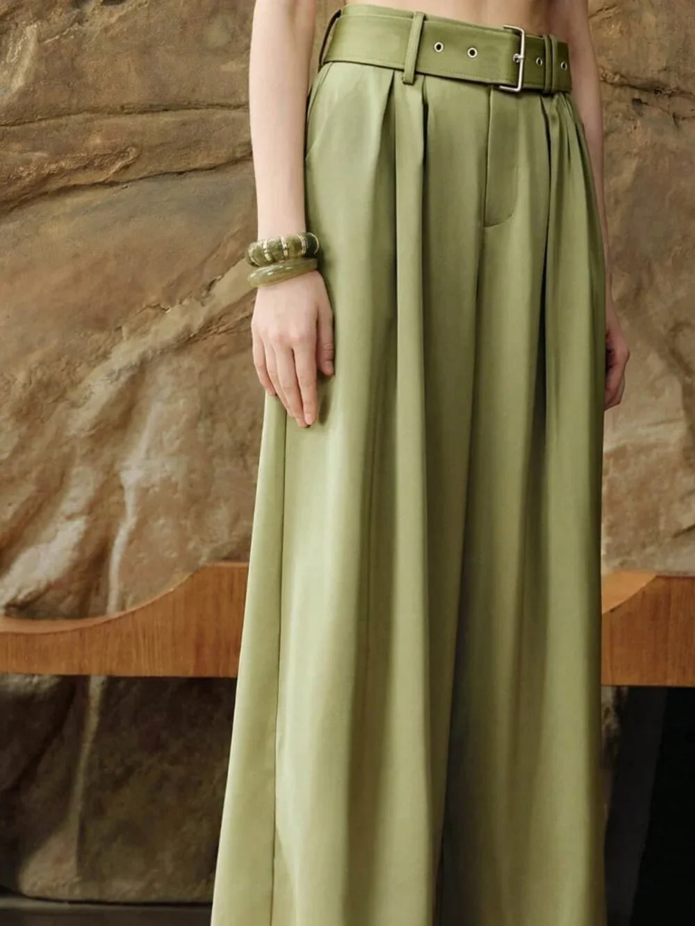 Olive Green Elegant Satin Wide-Leg Women's High-Waisted Office Pants - Picture 5 of 7
